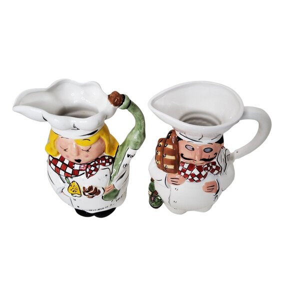 vintage fat chef pair of woman and man chef 32oz.ea ceramic pitchers. - Picture 10 of 11